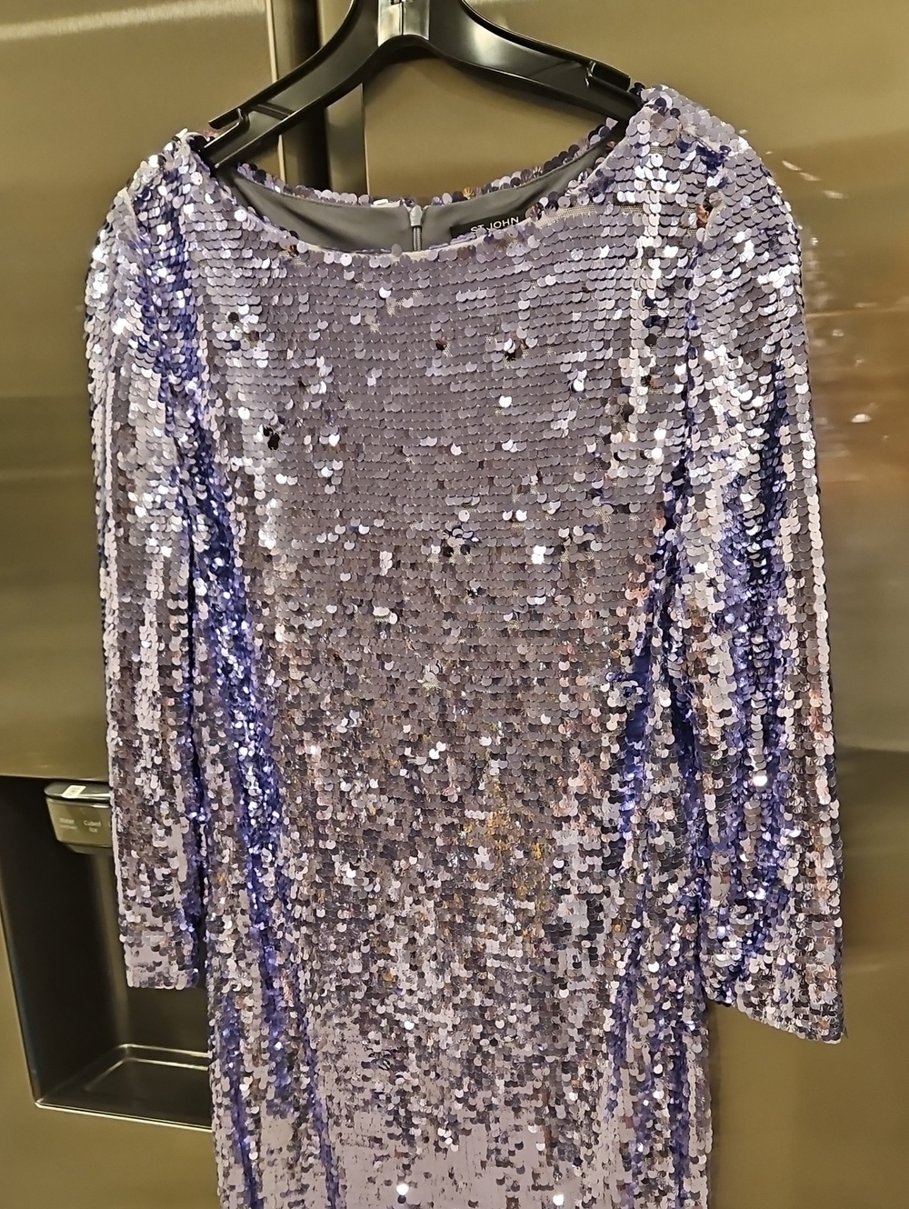 💕ST. JOHN Sequin Sheath Dress Lilac Long Sleeve Cocktail Party Evening 12 NWOT - Picture 8 of 14